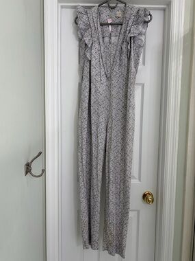 NWT La Vie Rebecca Taylor Meadow Floral Jumpsuit Small Ruffle Cotton Blue